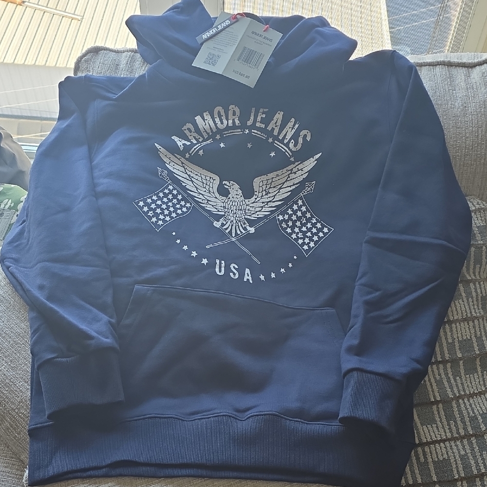 Brand New Armor Jeans Size XL Men's Navy Graphic Hoodie with Eagle USA Emblem